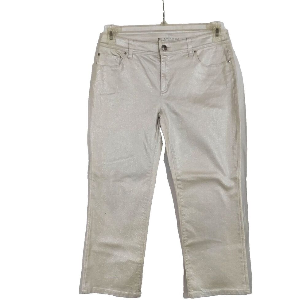 Chico's Platinum Crop Jeans Size 00 Womens XS 2 Stretch Shiny Beige Denim